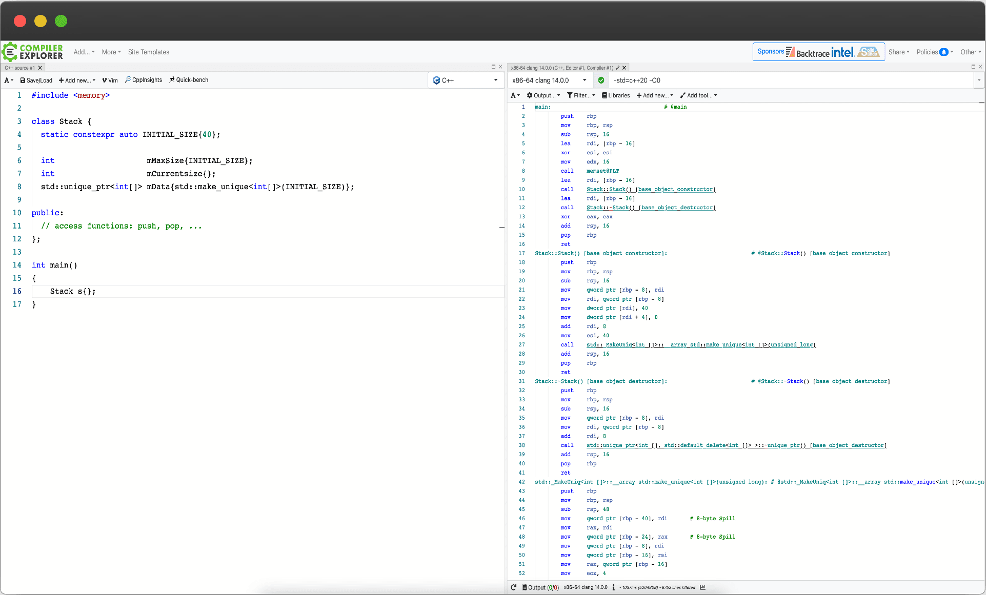 Screenshot of Compiler Explorer (https://compiler-explorer.com).